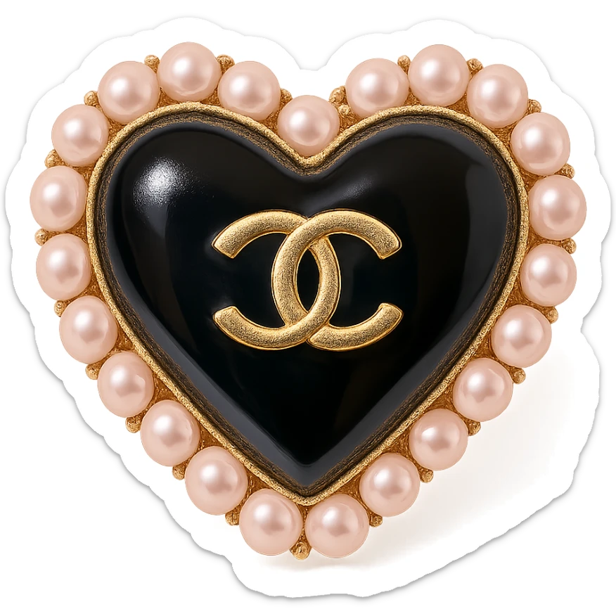  only the elegant heart with pearls and gold Chanel logo, glossy, pastel colors, realistic style, with no background. black pink,  sticker