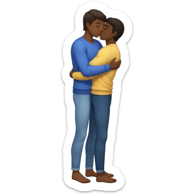 1 adult male dark skin ,1 light skin dark hair adult male, naked, cuddling, kissing, love passionate, full body view  sticker