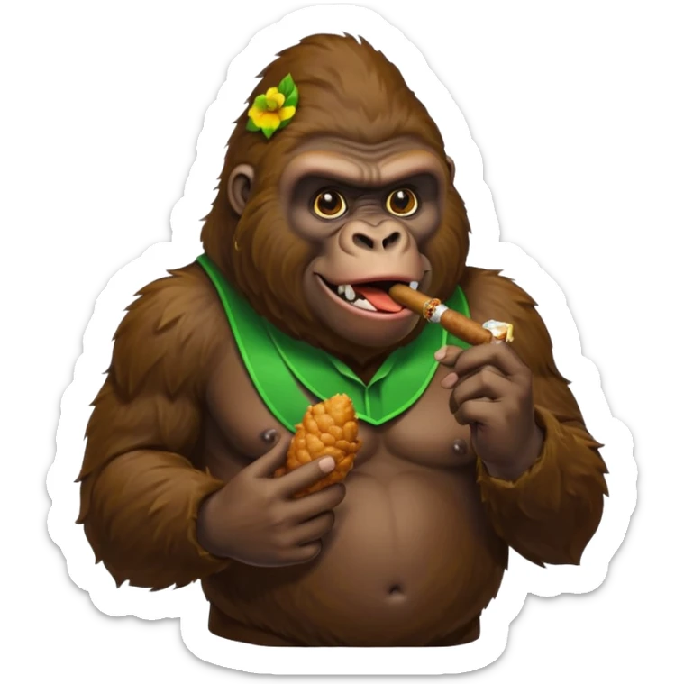 make a gorilla eating fried chicken in one hand and a cigar with green filling inside it in the other hand sticker
