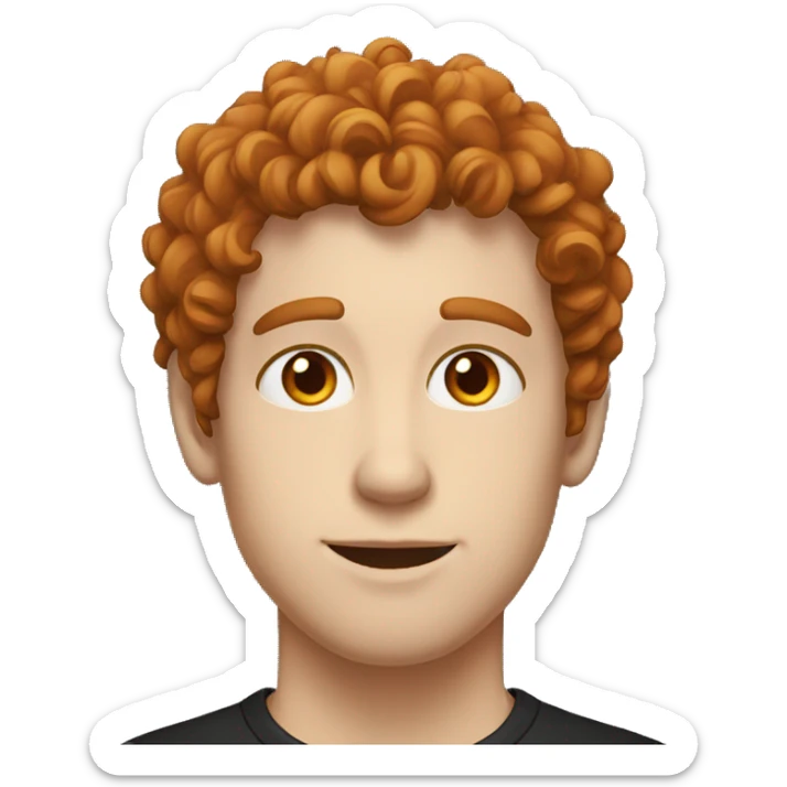 a man with curly brown hair with orange tips, orange eyes, pale skin, black t-shirt sticker