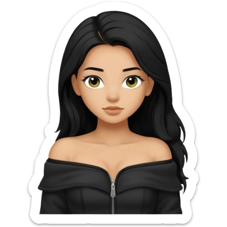 Siyah uzun saçlı siyah ceket  polar ceket ceket gevşek biraz omzundan çıkıyormuş gibi ve bugday ten rengi soltaraftaki omzundan çıkık sadece içinde de siyah crop var crop açık esmer esmer sticker