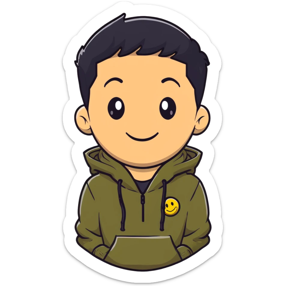 man with smiley face, black hair military cut, brown eyes, wearing 2 circle earrings and a black hoodie sticker