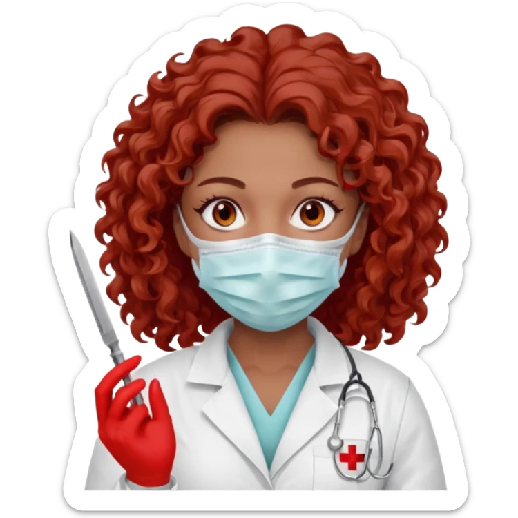 Scary woman scalpel in hand, evil surgeon sexy surgeon clothes.  She has red eyes. Her  brown long curly hair. Wears sexy doctor outfit with red gloves. make her hair free and brown but have mouthy  wear  mask  to hide. Wears white surgeon jacket and  has lon* brown hair. sticker
