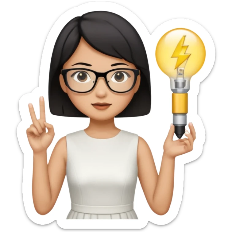 asian teacher with a white dress holding a flash with retangle glasses and black short hand  sticker