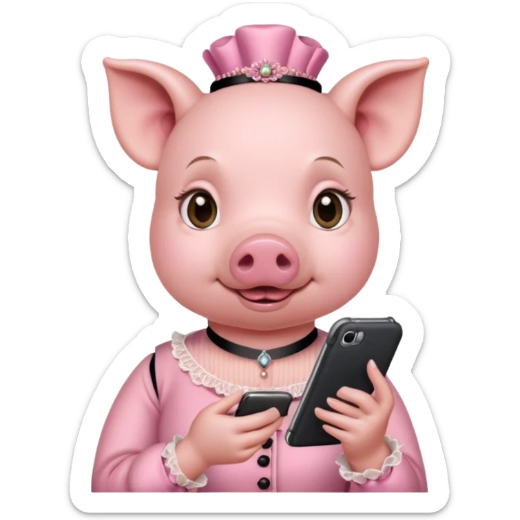 girl pig in victorian pink finery scrolling on a cell phone sticker