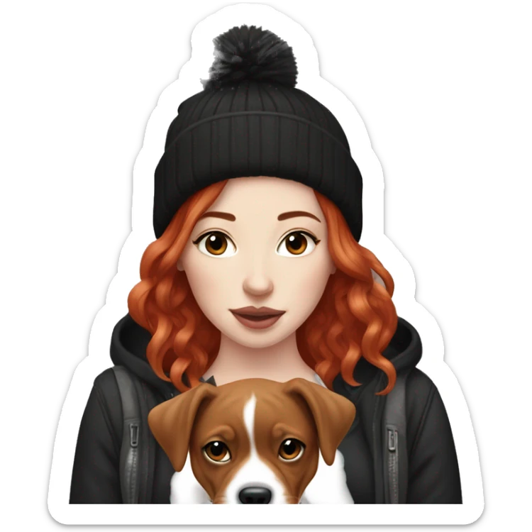 Long Red haired woman in beanie with septum piercing holding black and white English Staffordshire puppy sticker
