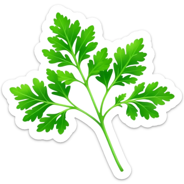 Cinematic Realistic Parsley Emoji, Fresh and vibrant, with bright green, frilly leaves that seem to shimmer with vitality. The plant exudes a sense of healthy growth and aromatic zest, inviting both beauty and flavor into any dish. Soft glowing outline, capturing the essence of freshness, health, and culinary delight in a sprig of parsley! sticker