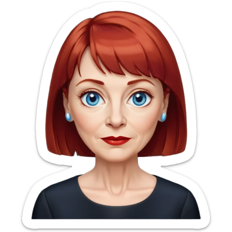 Older woman in her early 60s with fair skin, wider oval face, noticeable age lines, blue eyes, thin eyebrows, small nose, red lips, dark red hair with straight bangs, wearing a black blouse sticker
