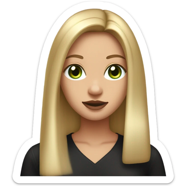 Long, straight blonde hair, parted down the middle, girl, wearing black satin shirt, light tan glowy skin, green eyes and rosy cheeks with light mauve lipstick sticker