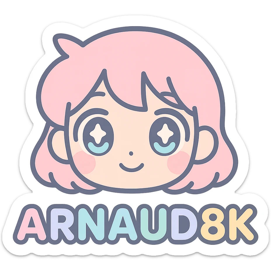 Logo 'Arnaud8K' with manga/anime vibe, inspired by Gakuyen, bright colors, catchy style for young audience, no video reference sticker