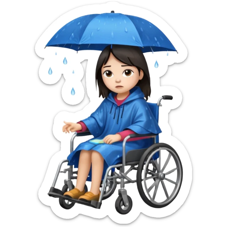 Girl with dark hair  in a wheelchair with rain poncho sad with rain  sticker