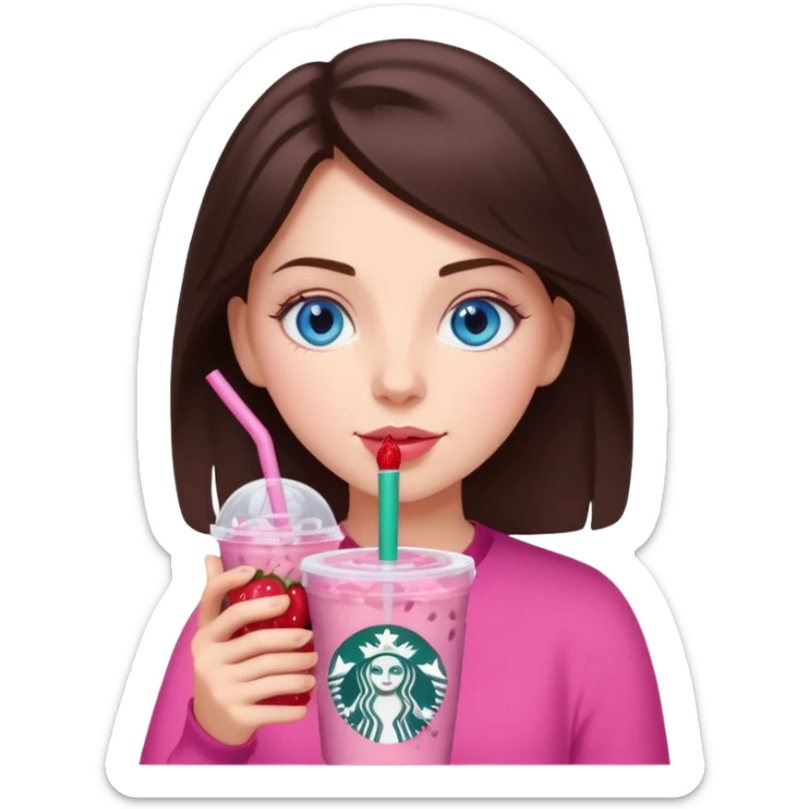 make an emoji of a brunette blue eye girl wearing pink drinking a strawberry acai refresher from starbucks sticker