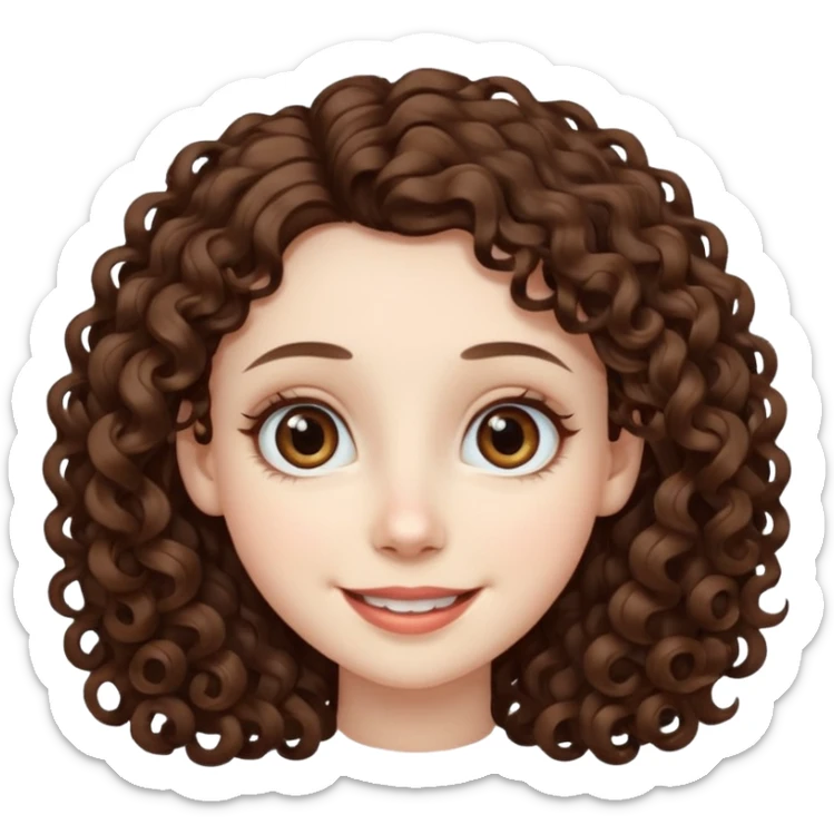 Light brown eyed female with pale skin. She has big eyes, curly and long dark brown hair and thin lips smiling. sticker