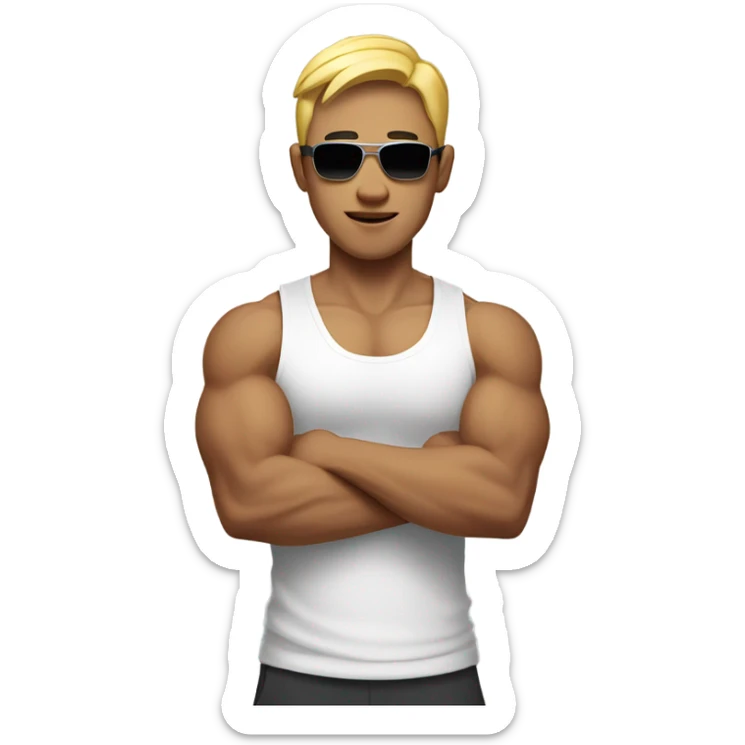 asian personal trainer short golden hair white vest man flexing bicep sunglasses sticker