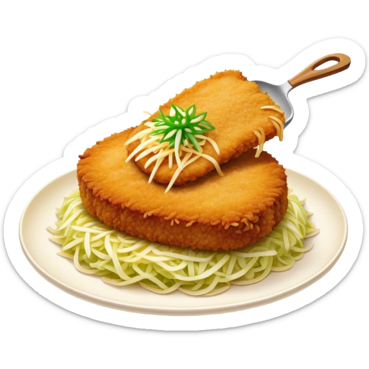 Cinematic Realistic Tonkatsu Dish Emoji, featuring a golden, breaded pork cutlet served with shredded cabbage rendered with rich textures and vibrant, dynamic lighting. sticker