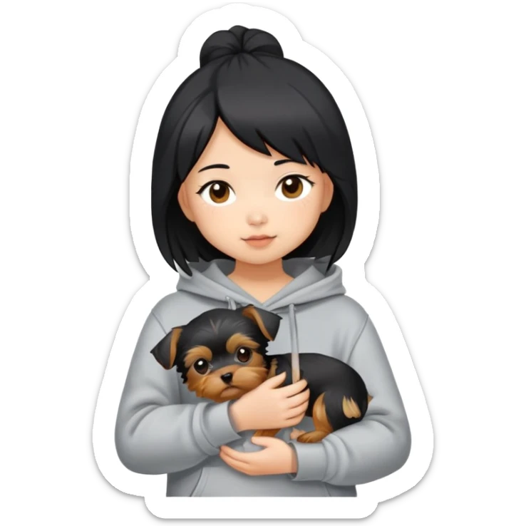 a black-haired Chinese girl in a gey hoodie with a yorkie puppy sticker