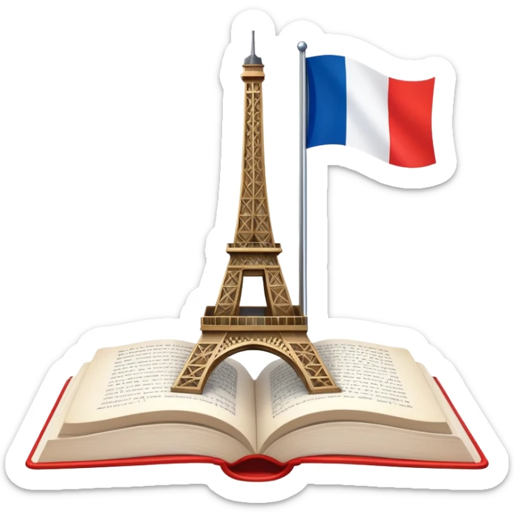 An icon featuring the Eiffel Tower and the flag of France, symbolizing the French language. The design includes an open book with French text, representing language learning and French culture. Transparent background highlights the elegance of the French-speaking world. sticker