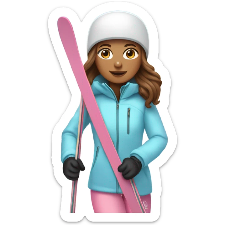 White Girl with long brown hair skiing on pink skis. Wearing a light blue coat. And a pair of white snow pants.  sticker