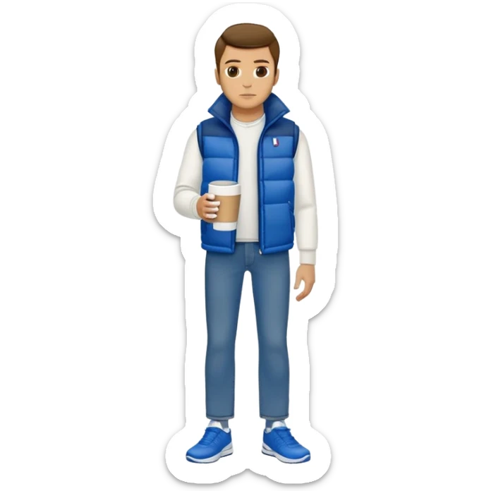 full body man with long sleeve white shirt with blue puffer winter vest with no pockets wearing straight levi blue jeans with no cuffs and black tennis shoes holding a coffee mug in one hand in front of him and nothing in the other hand sticker