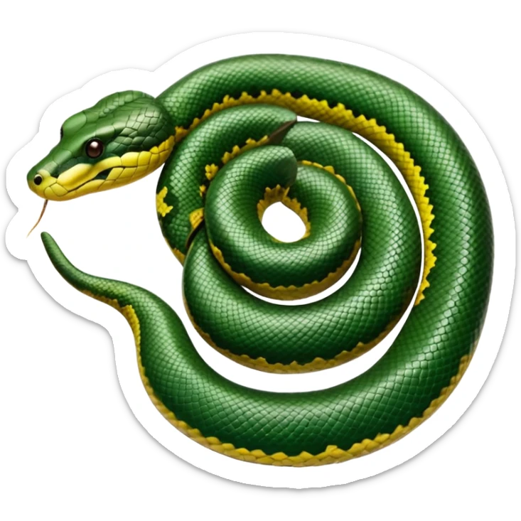 A photo-realistic top-down view of a Green Anaconda tightly coiled in a spiral, with its broad, flat head resting at the center. Its thick, muscular body is olive-green and covered in symmetrical, bold black oval spots that stand out against its smooth scales, creating striking natural camouflage. sticker