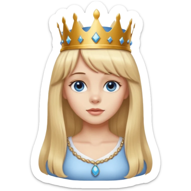simple Blonde girl bust with bangs, long straight seductive hair and blue eyes, and a simple crown. giving cockerspaniel energy sticker