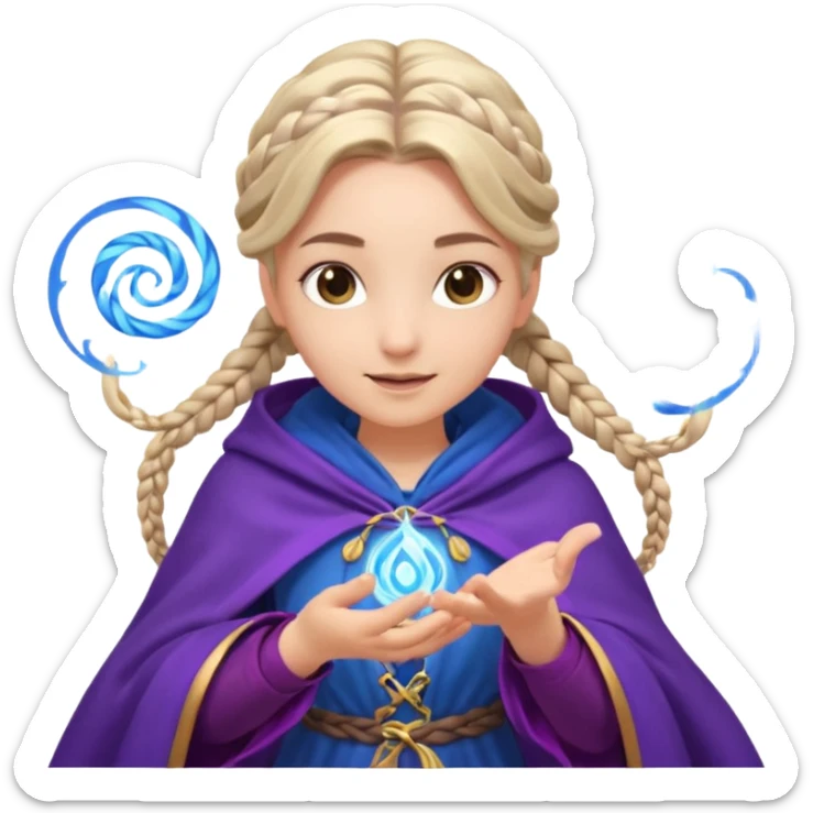 A playful mage girl with braids, purple cloak, and magic swirling around her hands.
 sticker