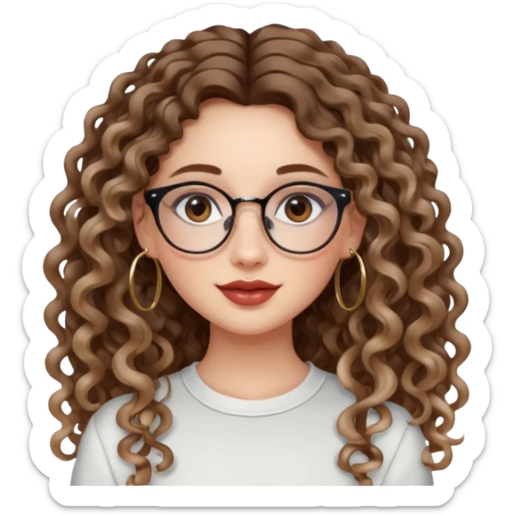 cute whilte girl with not volominous VERY LONG curly hair with balayage, brown eyes, full lips, natural clean girl makeup and hoop earrings and glasses sticker