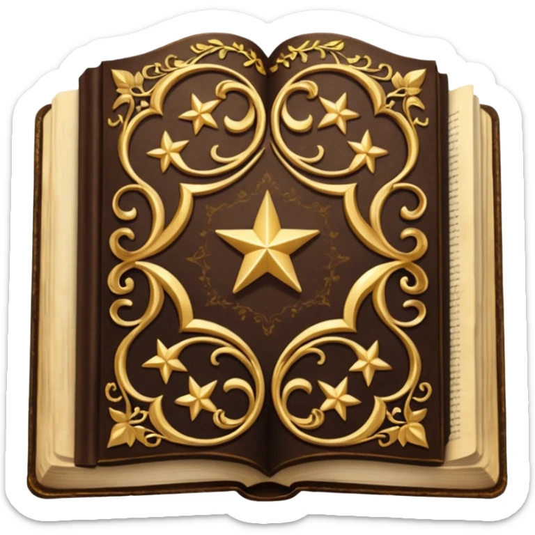 An open, ornately decorated book rendered in a highly detailed. The book's cover, framed with a broad, golden border, is a rich, dark brown, embellished with intricate golden filigree designs, including scrolling vines and decorative stars. sticker