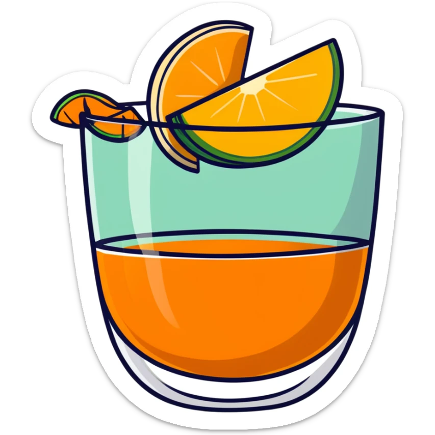 small transparent glass with layered carajillo - yellow-orange liquor visible at bottom, coffee layer on top, with cantaloupe melon slice alongside sticker