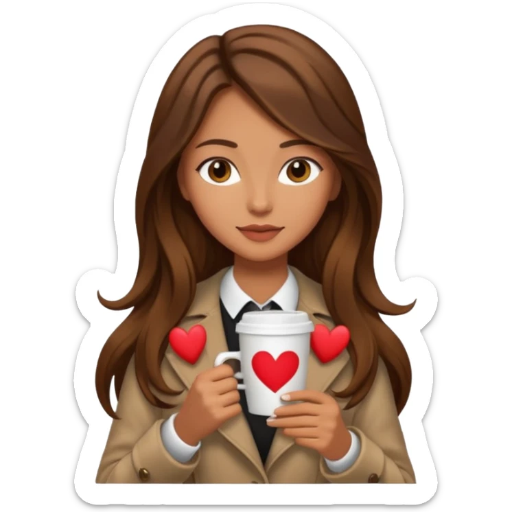 Un emoji de una chica con el pelo castaño y largo y suelto así como vestida como una that Girl y un café con dibujo de corazón y una cama aesthetic modo vida perfecta sticker