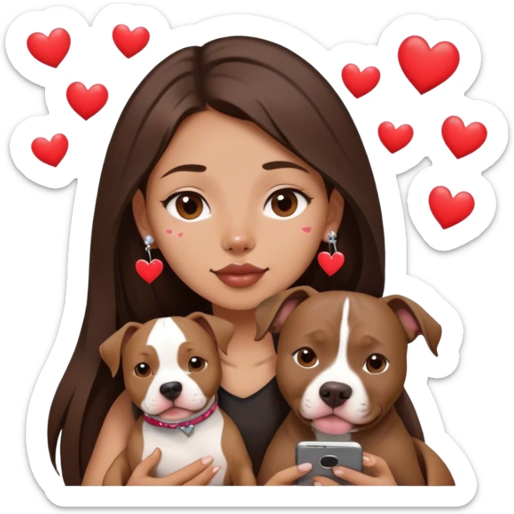 Young girl with long dark brown layered hair hair sits with her one dog who is a pretty girl pitbull with her cell phone in her hand in a small septum ring in her nose was hearts flying all around her sticker