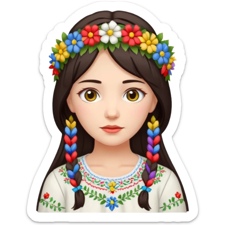 Ukrainian woman in a white embroidered shirt with dark hair in a wreath of flowers with multicoloured ribbons on her head sticker