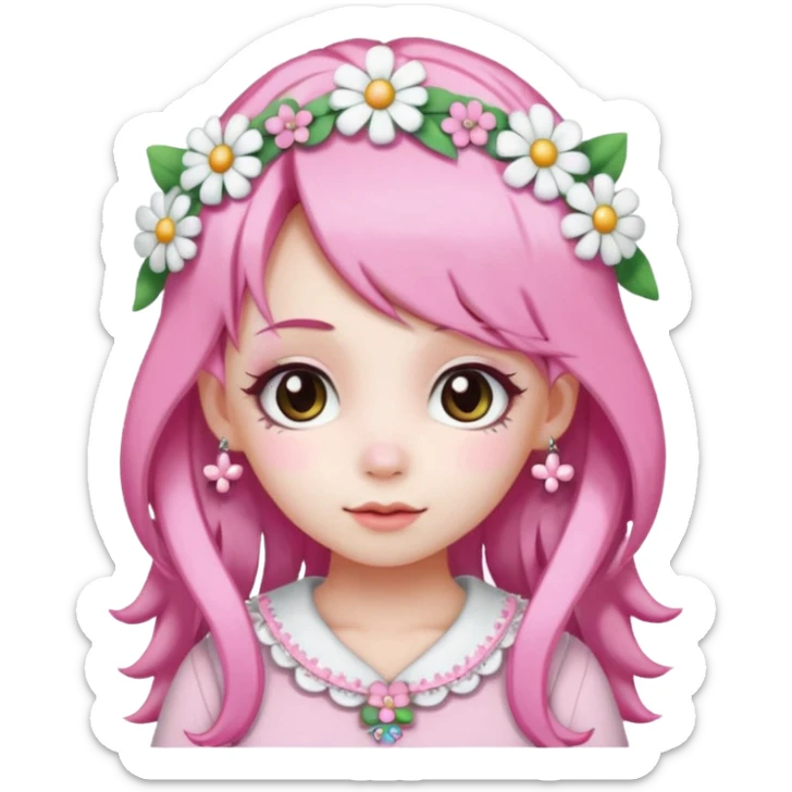 A girl with pink and white hair, adorned with flowers as hair accessories, wearing My Melody clothing. sticker