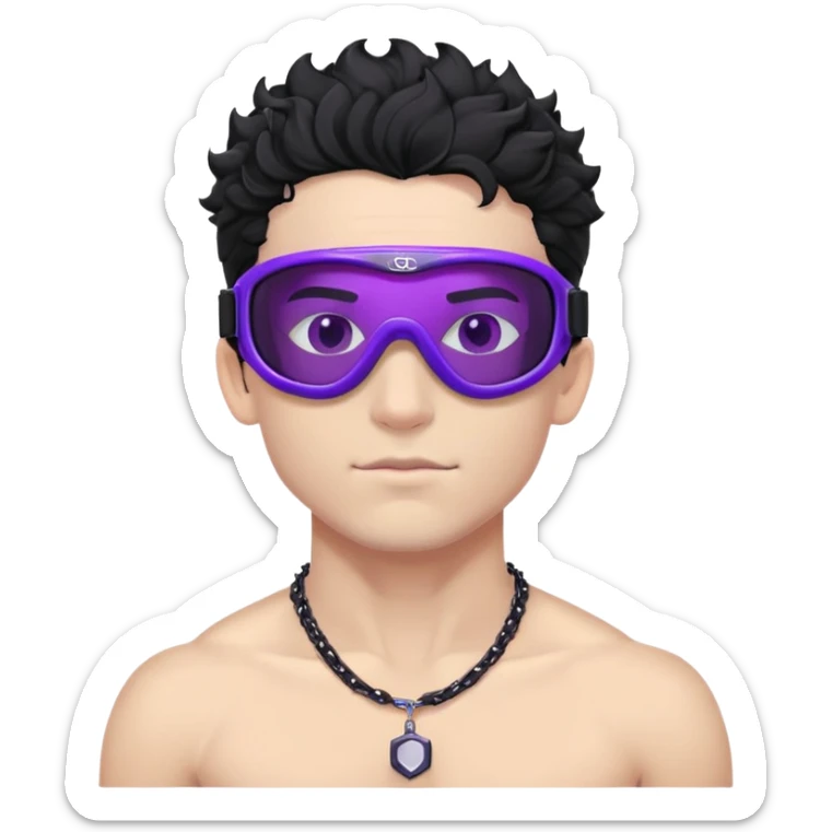 shirtless male athlete with white skin and moderately curly black hair on top with shaved sides, wearing ski goggles with purple frames/outline and very dark heavily tinted black lenses that completely hide the eyes, and a simple plain black chain necklace, no earrings sticker