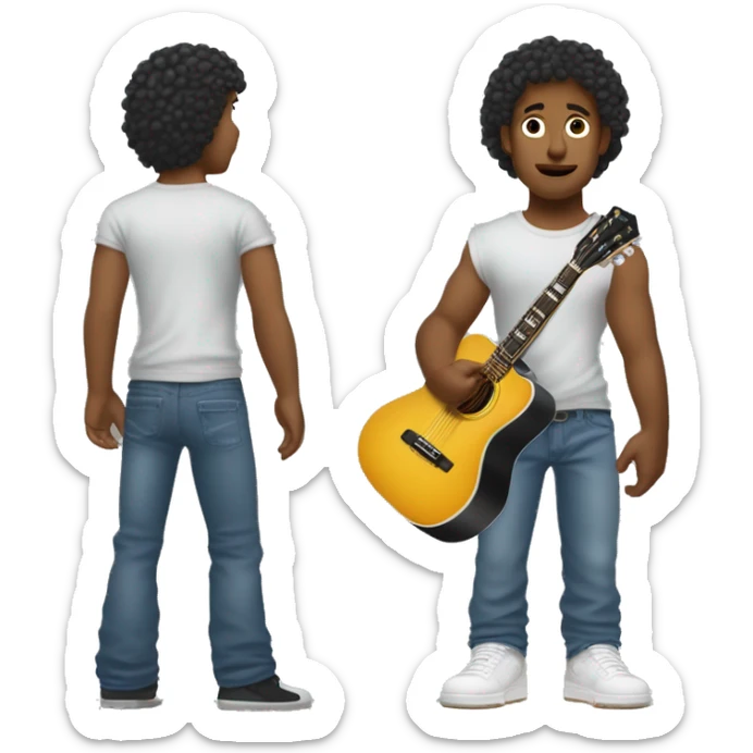 can you generate a tanned tall boy holding the red van hallel guitar. The boy must have green eyes and short curly hair please. Could he be wearing the nike jordan Travis Scott shoes. Also wearing blue jeans and a plain t shirt. sticker