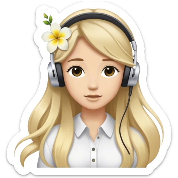 im a streamer, i need a emoji of me, brunette long hair with a blonde balayage, i wear white earpods with mic and a hawaian white and yellow center flower in the right on top of the earphone and is like smal  sticker