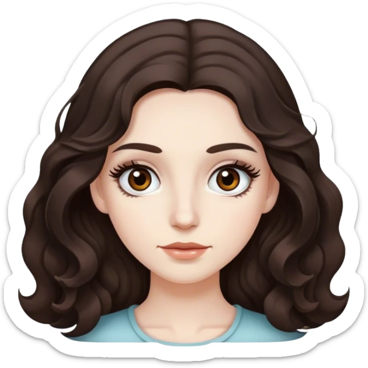 Dark Brown hair long and a little wavy at the ends and dark brown eyes with lashes and pale skin sticker