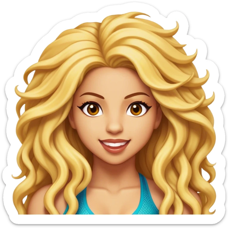 Cinematic Realistic Shakira Pop Culture Emoji, depicted with an energetic, dynamic portrayal of the global pop star rendered with lifelike textures and vibrant, charismatic lighting. sticker