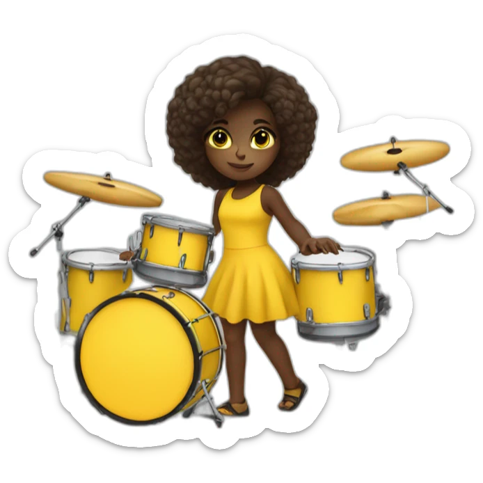 cute girl in yellow dress dark skin with yellow eyes and dark curvy hairs plays on drums sticker