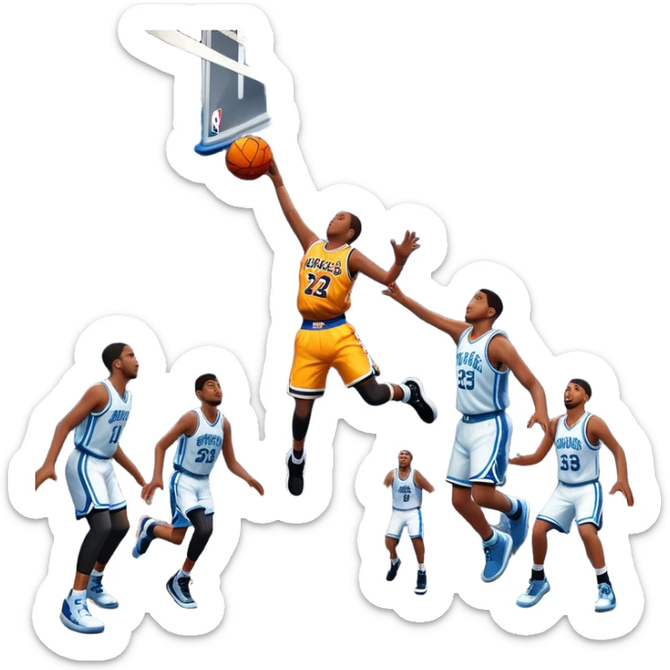 An icon featuring a basketball court with players in action, inspired by NBA 2K25. A player jumps for a dunk, with the ball mid-air. Bright lights illuminate the court, symbolizing the excitement of sports simulation games. Transparent background emphasizes the energy. sticker