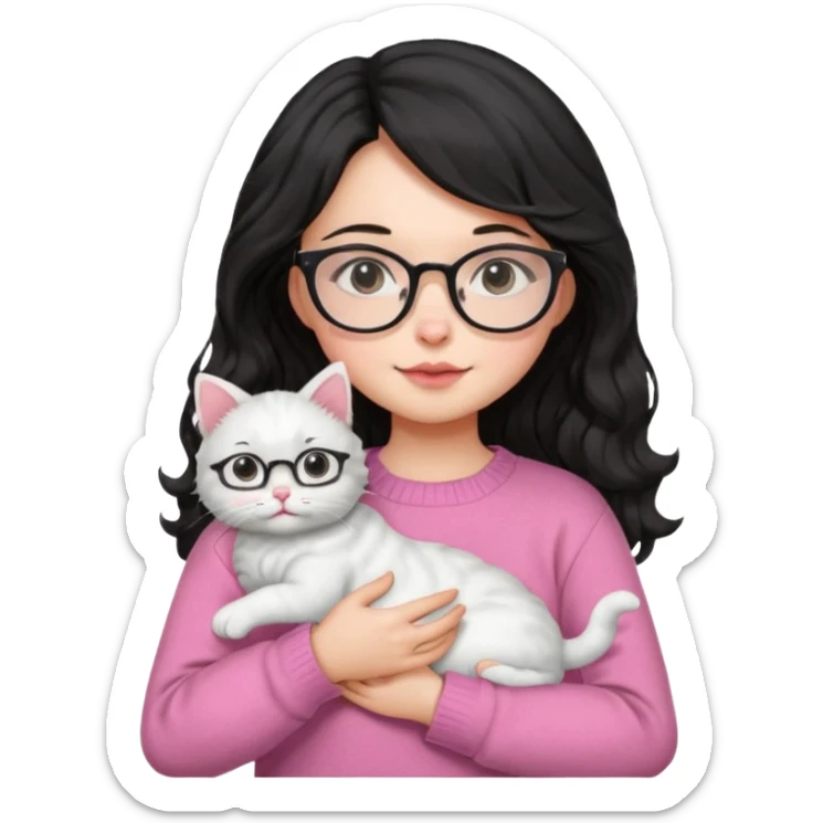 a girl with a black wavey hair, wearing a pink sweater and glasses, holding a cute white cat, only upper body, high quality. sticker