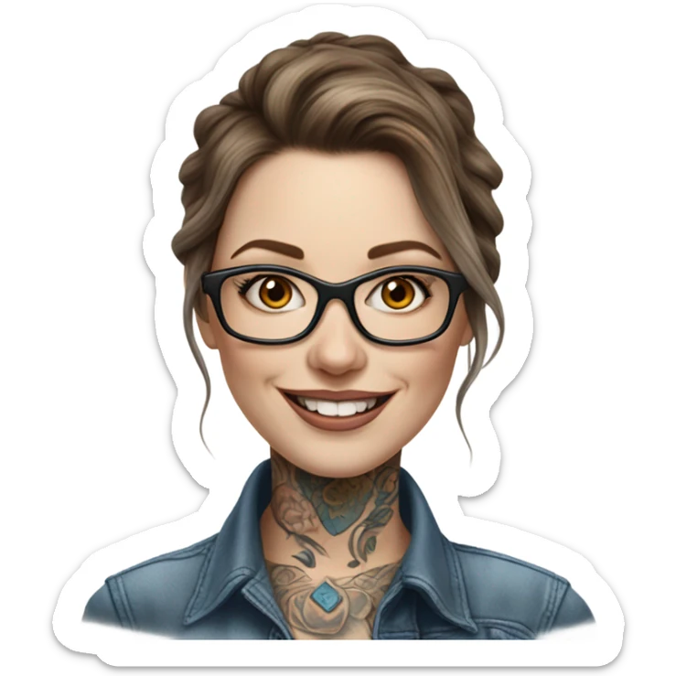 Hyper Realistic brown Balayage pale beautiful tattooed woman with glasses and blue eyes happy  sticker