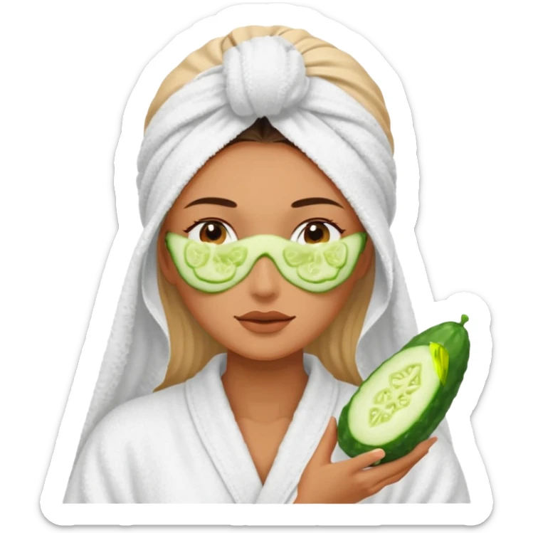 woman at the spa with cucumbers slices covering her eyes and tan skin tone with towel completely covering hair and robe on sticker