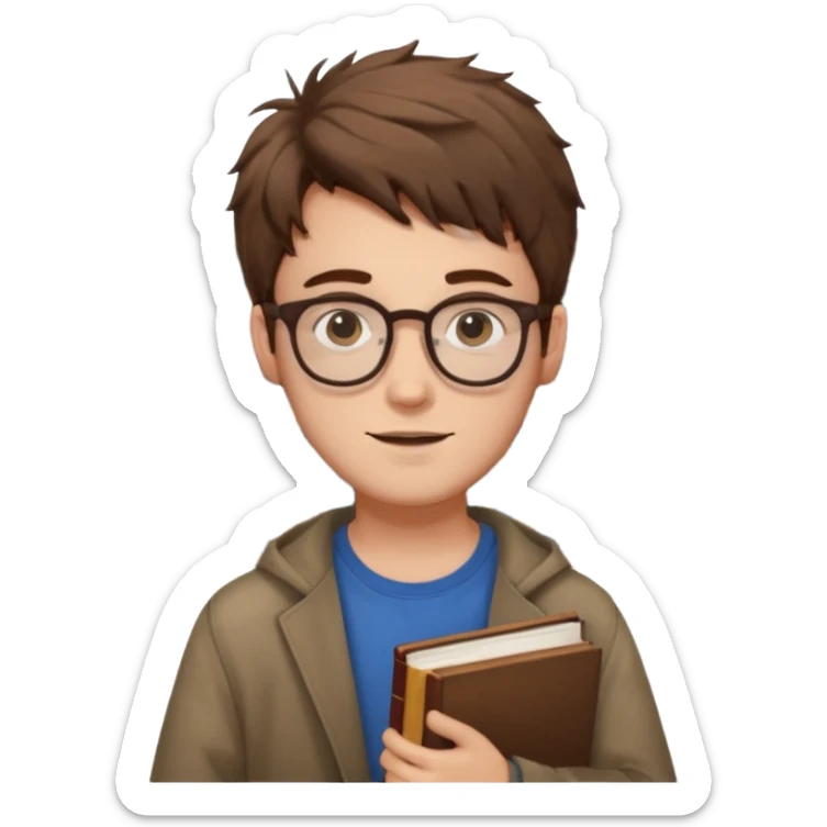 generate an ios genmoji of a fair 20 year guy with faint beard, spectacles, messy hair, books in hand sticker