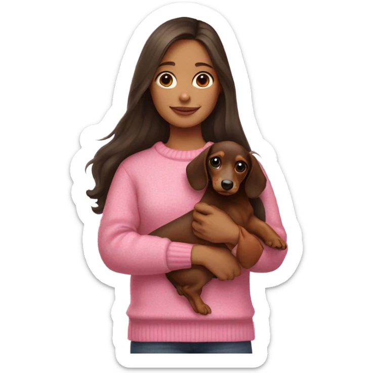 Brunette girl with long hair in a pink sweater holds a dachshund long haired puppy in her arms sticker