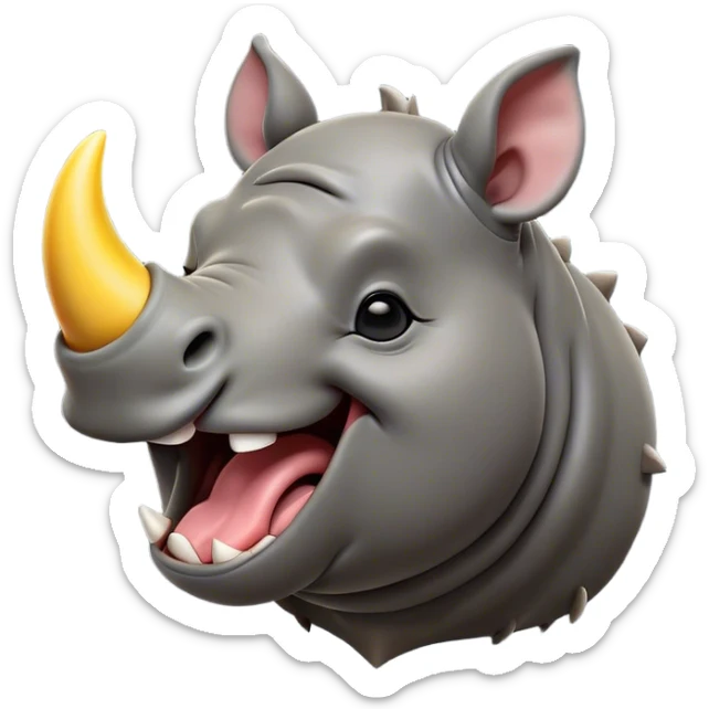 Cinematic Cute Yawning Rhinoceros Portrait Emoji, Head tilted slightly with a dramatic, wide-open yawn, showcasing a soft, textured slate-gray hide with a slightly drooping horn and eyes barely open in drowsy contentment, Simplified yet irresistibly adorable features, highly detailed, glowing with a soft, cozy glow, high shine, relaxed yet expressive, stylized with a touch of rugged whimsy, bright and endearing, soft glowing outline, capturing the essence of a sleepy yet affectionate rhinoceros, so drowsy it feels like it could stretch out of the screen and curl up for a nap! sticker