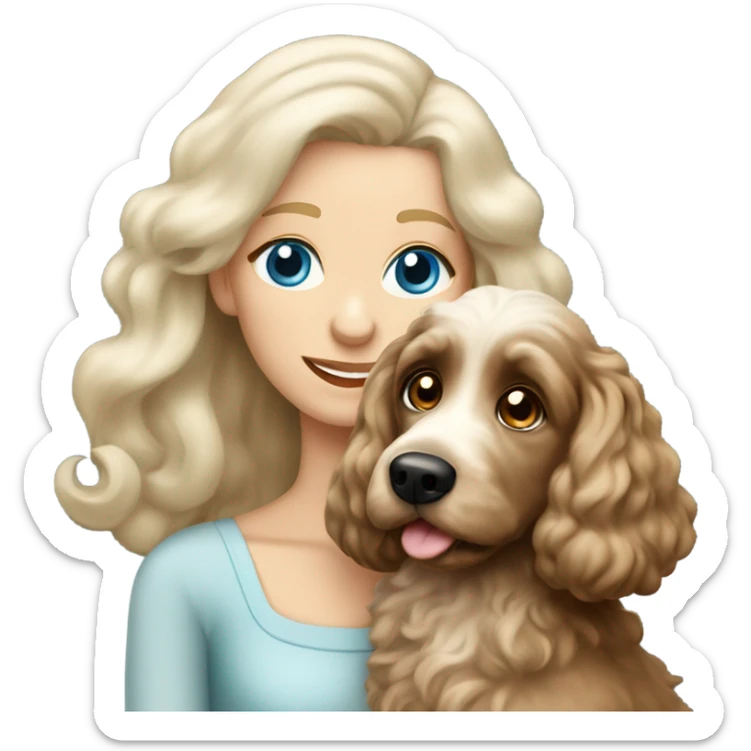 blue eyed very old long haired blonde lady with dark brown Cockapoo puppy dog sticker