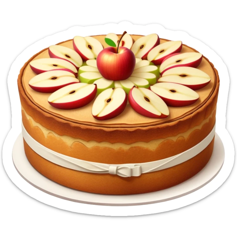 cinematic-realistic-apfelkuchen-cake-emoji,-depicted-as-a-classic-cake-with-cinnamon-and-thinly sliced apples on the top a few neatly spread out-rendered-with-soft-textures-and-warm,-inviting-lighting. sticker