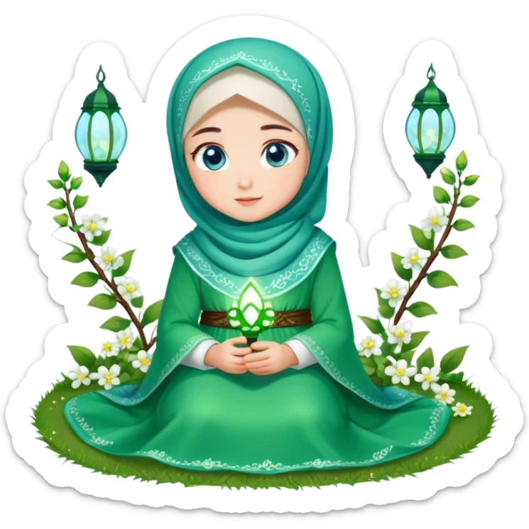 Turkish beautiful finish Konya girl blue eyes with green and white flower hijab long tail dress and sits on the grass on the ground and hold green ramadan lights on hand  sticker
