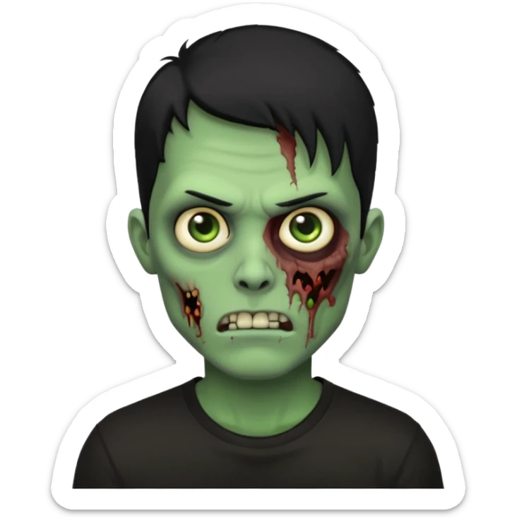Zombie Emoji AppleIOS Style, lowfade Black Hair, and Black T-shirt, Green Skin, normal expression sticker